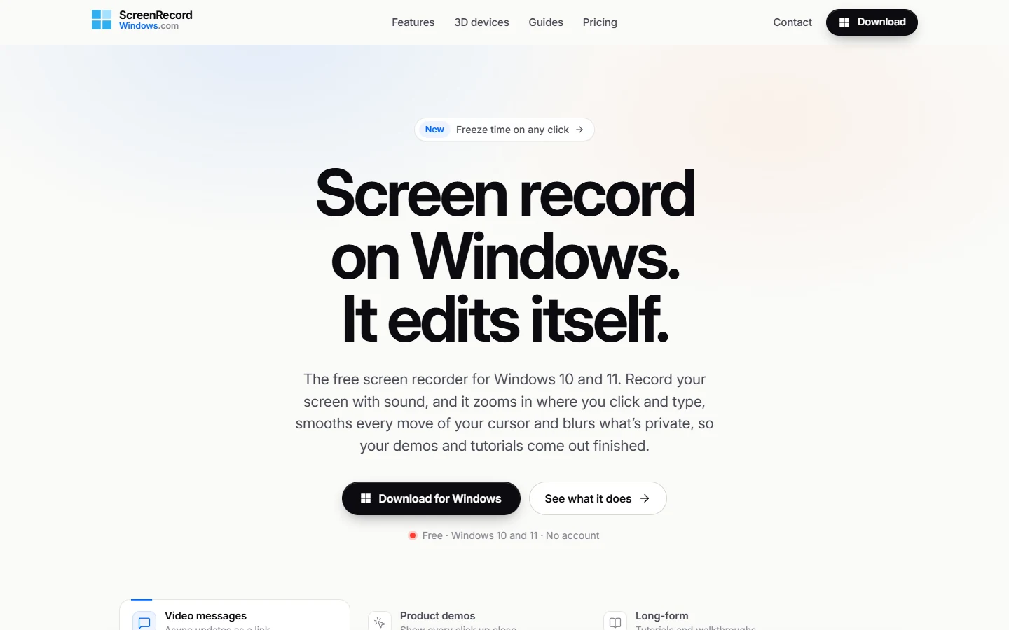 Skjermbilde av screenrecordwindows.com: ScreenRecordWindows.com er en gratis skjermopptaker for Windows 10 og 11 som zoomer, glatter ut musepekeren og sladder private opplysninger automatisk.